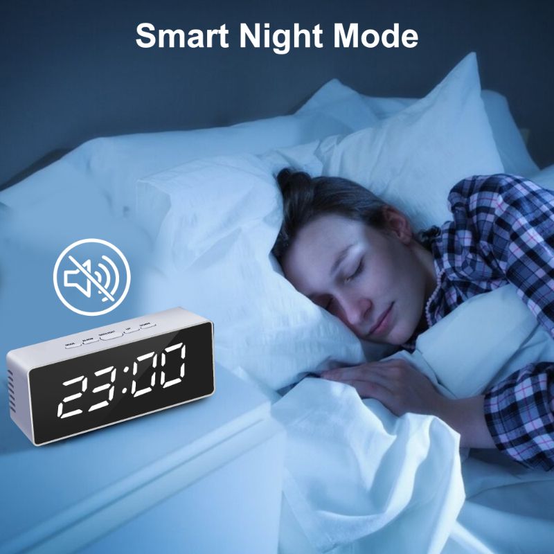 USB Powered Alarm Clock, Portable Modern Battery Operated Mirror Clock, Large Digital LED Display, Smart Snooze Multi-Function 12/24h Format Temperature, Adjustable Brightness
