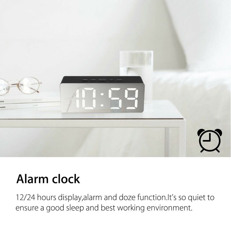 USB Powered Alarm Clock, Portable Modern Battery Operated Mirror Clock, Large Digital LED Display, Smart Snooze Multi-Function 12/24h Format Temperature, Adjustable Brightness