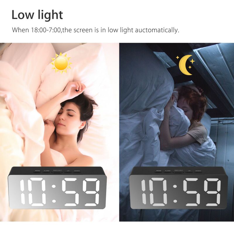 USB Powered Alarm Clock, Portable Modern Battery Operated Mirror Clock, Large Digital LED Display, Smart Snooze Multi-Function 12/24h Format Temperature, Adjustable Brightness