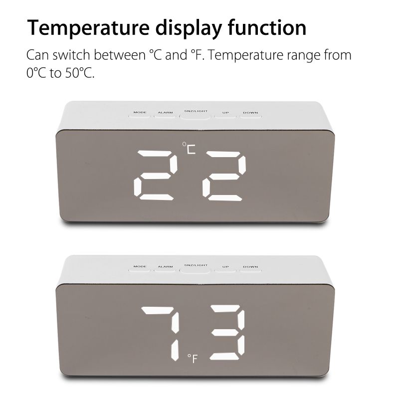 USB Powered Alarm Clock, Portable Modern Battery Operated Mirror Clock, Large Digital LED Display, Smart Snooze Multi-Function 12/24h Format Temperature, Adjustable Brightness