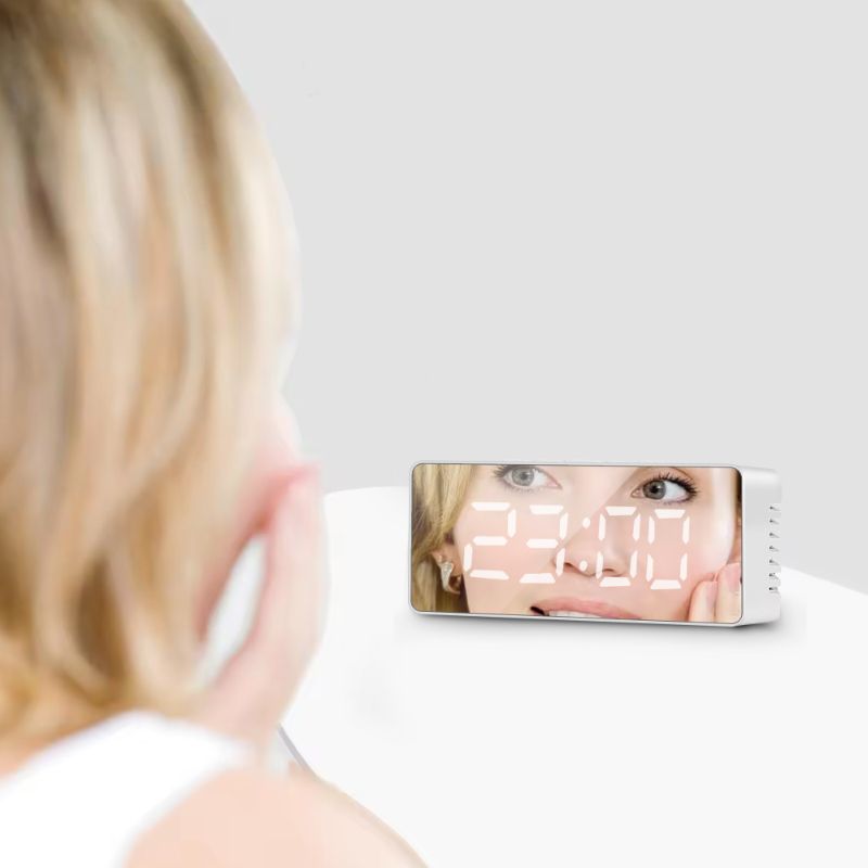 USB Powered Alarm Clock, Portable Modern Battery Operated Mirror Clock, Large Digital LED Display, Smart Snooze Multi-Function 12/24h Format Temperature, Adjustable Brightness
