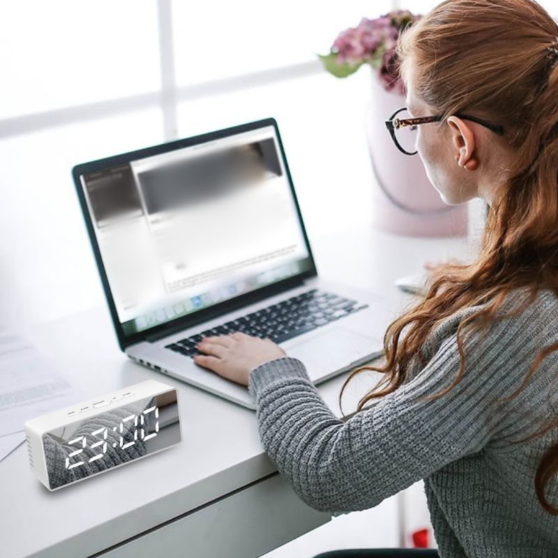 USB Powered Alarm Clock, Portable Modern Battery Operated Mirror Clock, Large Digital LED Display, Smart Snooze Multi-Function 12/24h Format Temperature, Adjustable Brightness