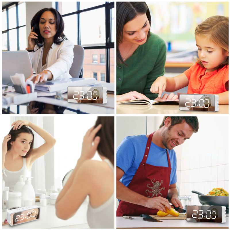 USB Powered Alarm Clock, Portable Modern Battery Operated Mirror Clock, Large Digital LED Display, Smart Snooze Multi-Function 12/24h Format Temperature, Adjustable Brightness