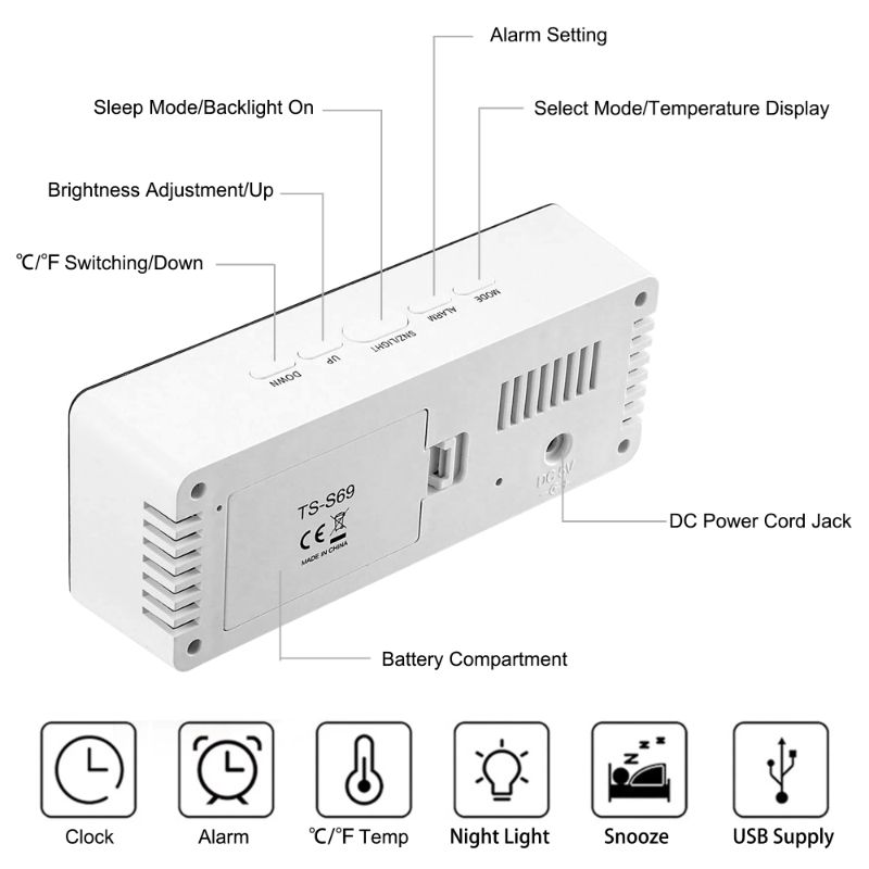 USB Powered Alarm Clock, Portable Modern Battery Operated Mirror Clock, Large Digital LED Display, Smart Snooze Multi-Function 12/24h Format Temperature, Adjustable Brightness