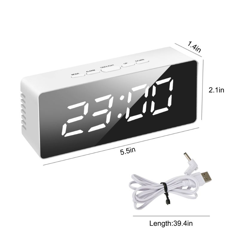 USB Powered Alarm Clock, Portable Modern Battery Operated Mirror Clock, Large Digital LED Display, Smart Snooze Multi-Function 12/24h Format Temperature, Adjustable Brightness