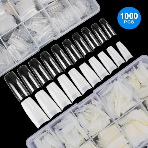 1000pcs Half Cover French Nail Tips, Acrylic Fake Nails with Case, 10 Sizes False Nails Tips
