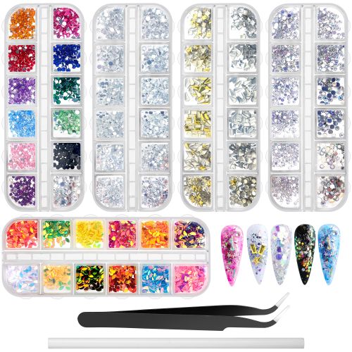 5 Boxes Nail Art Rhinestones, Mixed Color Flatback Nail Rhinestones with Tweezer and Pickup Pen