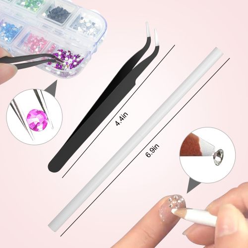 5 Boxes Nail Art Rhinestones, Mixed Color Flatback Nail Rhinestones with Tweezer and Pickup Pen