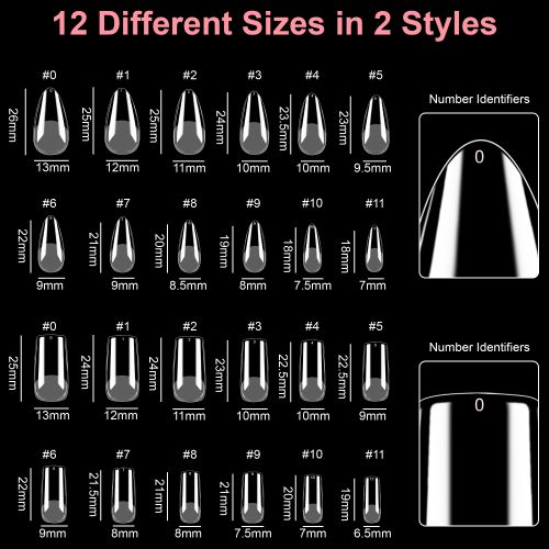 480pcs Pre-shaped Half Matte X False Nail Tips, 12 Sizes Square and Medium Almond Nail Tips