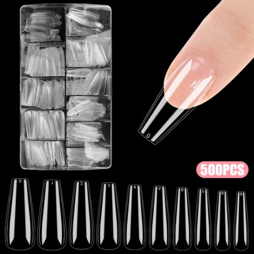 500pcs Long Coffin Nail Tips, 10 Sizes Clear Full Cover False Artificial Nails