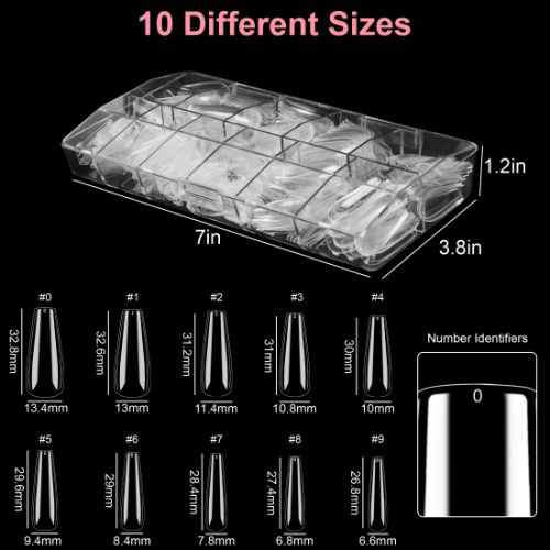 500pcs Long Coffin Nail Tips, 10 Sizes Clear Full Cover False Artificial Nails