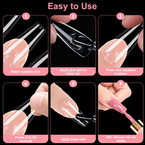 500pcs Long Coffin Nail Tips, 10 Sizes Clear Full Cover False Artificial Nails