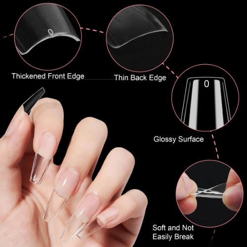 500pcs Long Coffin Nail Tips, 10 Sizes Clear Full Cover False Artificial Nails