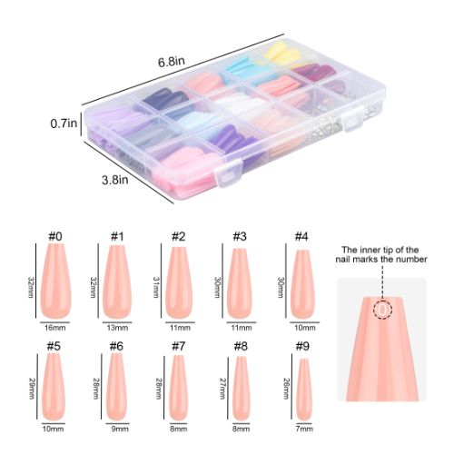 312pcs Long Press on Nails, 10 Sizes Full Cover Coffin Fake Nails with Rhinestones