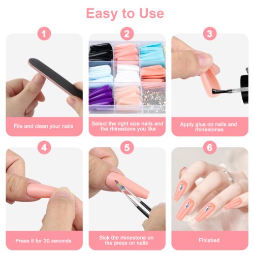 312pcs Long Press on Nails, 10 Sizes Full Cover Coffin Fake Nails with Rhinestones