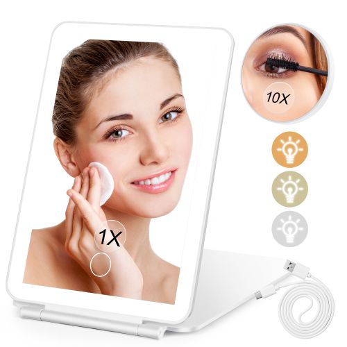 Travel Makeup Mirror with 10X Magnifying Mirror, 3 Colors Light Folding Vanity Mirror