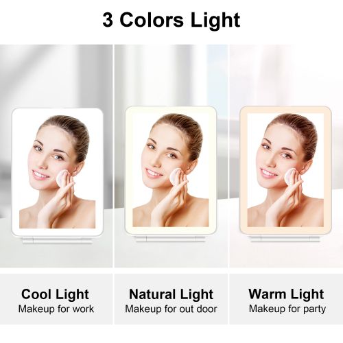 Travel Makeup Mirror with 10X Magnifying Mirror, 3 Colors Light Folding Vanity Mirror