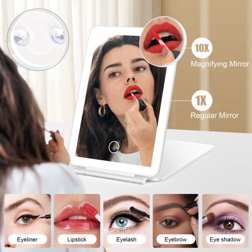 Travel Makeup Mirror with 10X Magnifying Mirror, 3 Colors Light Folding Vanity Mirror