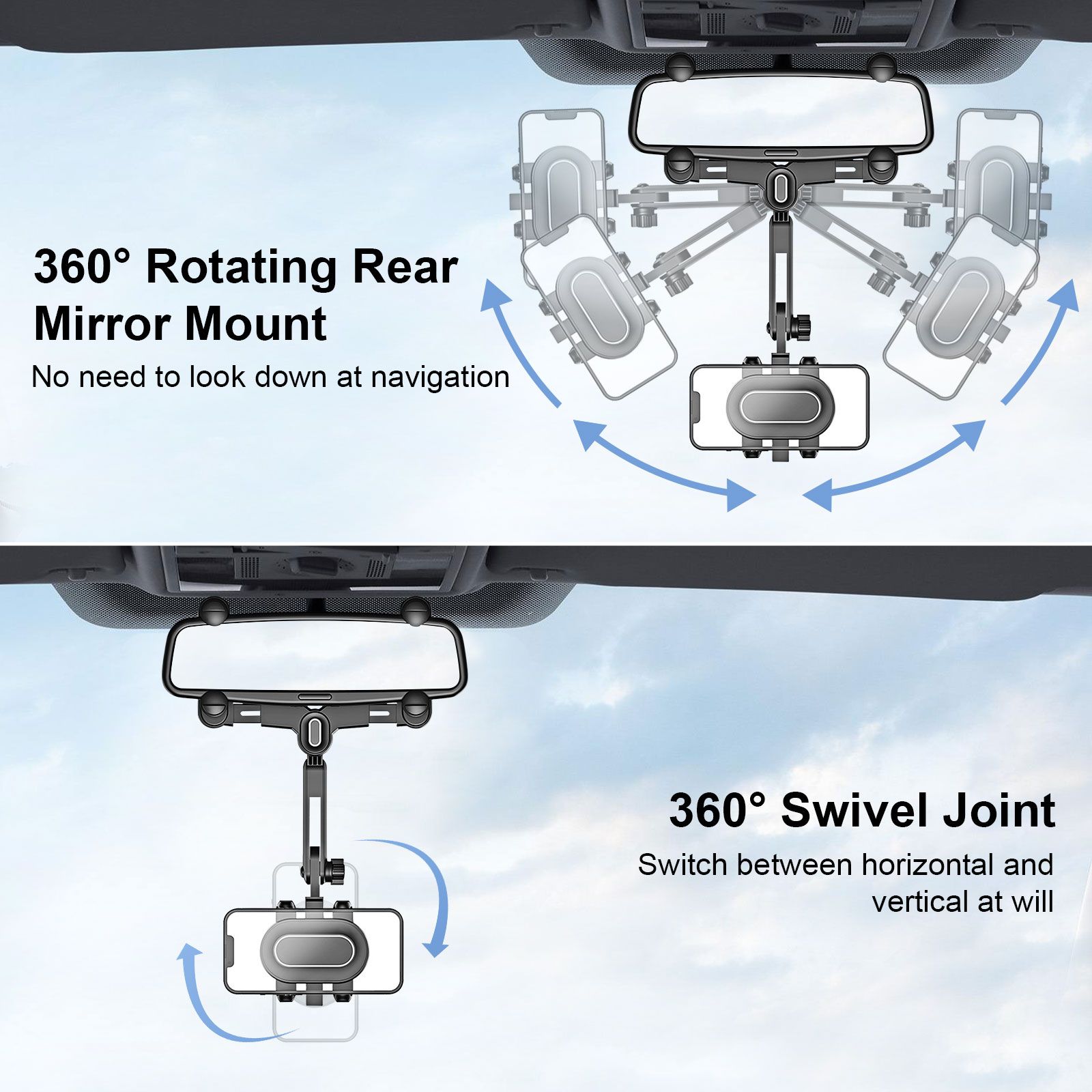 Car Phone Mount, 360° Rotatable Retractable Rearview Mirror Phone Holder for Car Compatible with 4-7in Smartphone