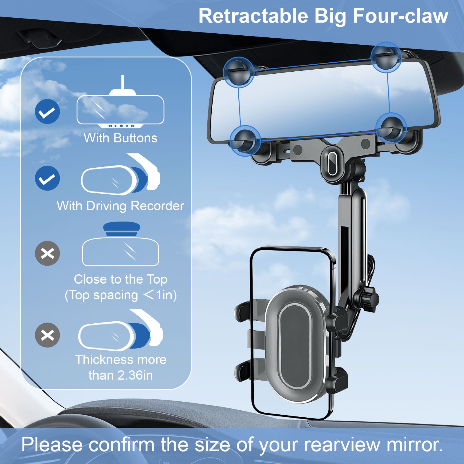 Car Phone Mount, 360° Rotatable Retractable Rearview Mirror Phone Holder for Car Compatible with 4-7in Smartphone