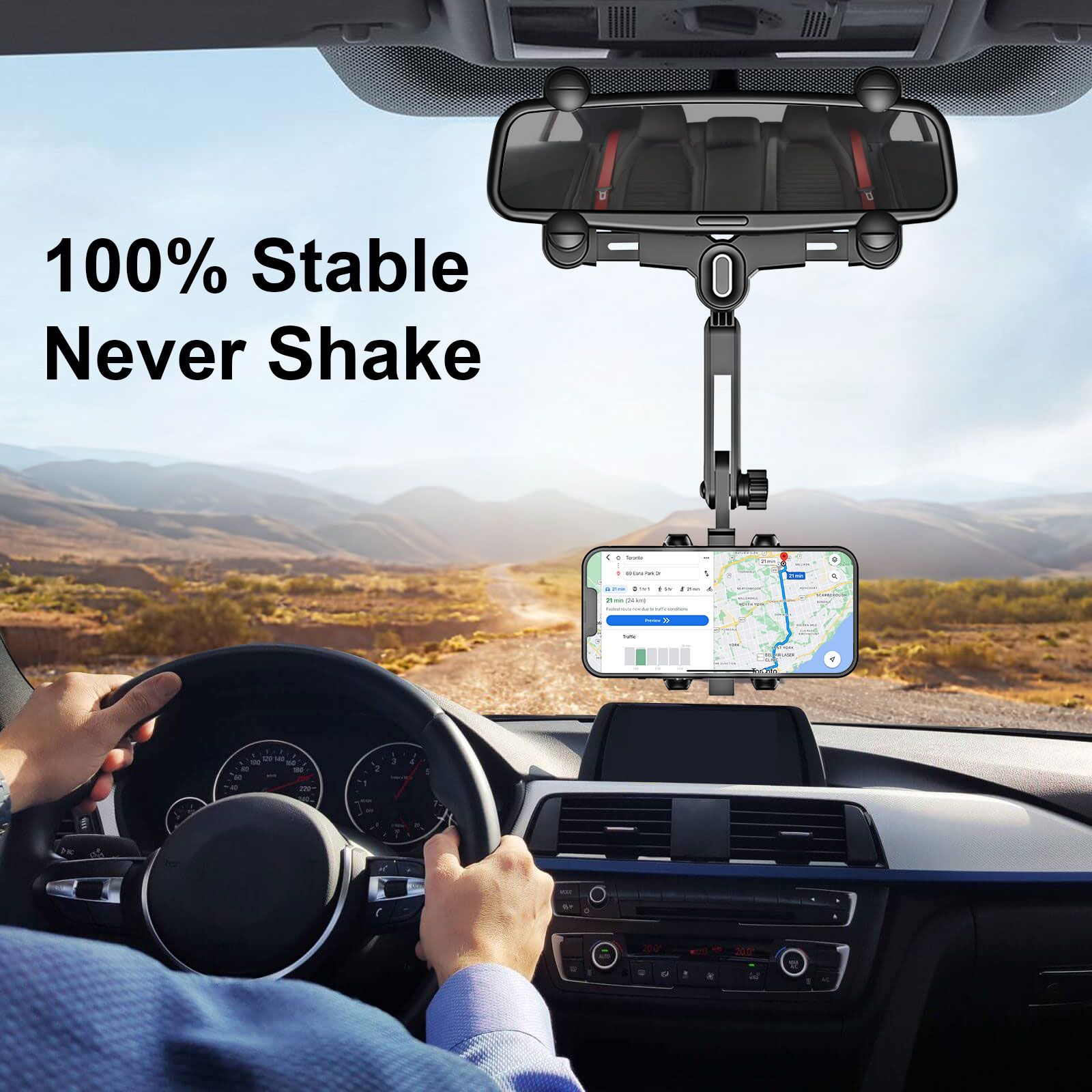 Car Phone Mount, 360° Rotatable Retractable Rearview Mirror Phone Holder for Car Compatible with 4-7in Smartphone