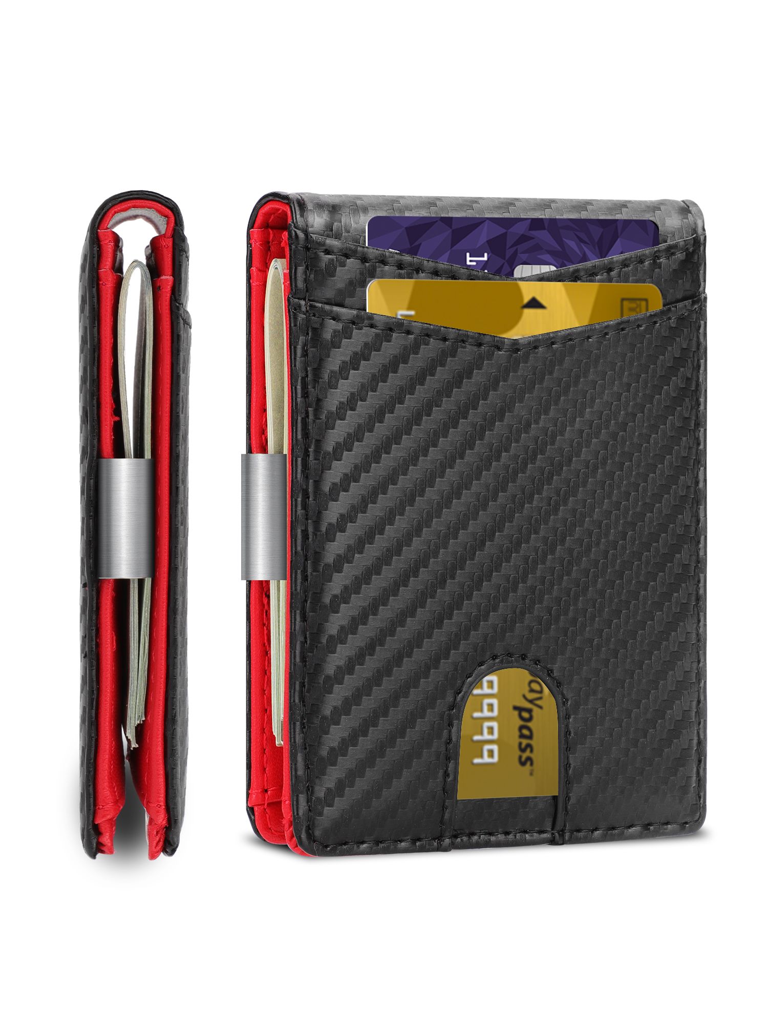 Carbon Fiber Minimalist Wallet for Men & Women, RFID Blocking Credit Card Holder Metal Wallets, Outside Notch Design 8 Card Pockets with Money Clip, Leather Bifold Slim Front Pocket for Travel