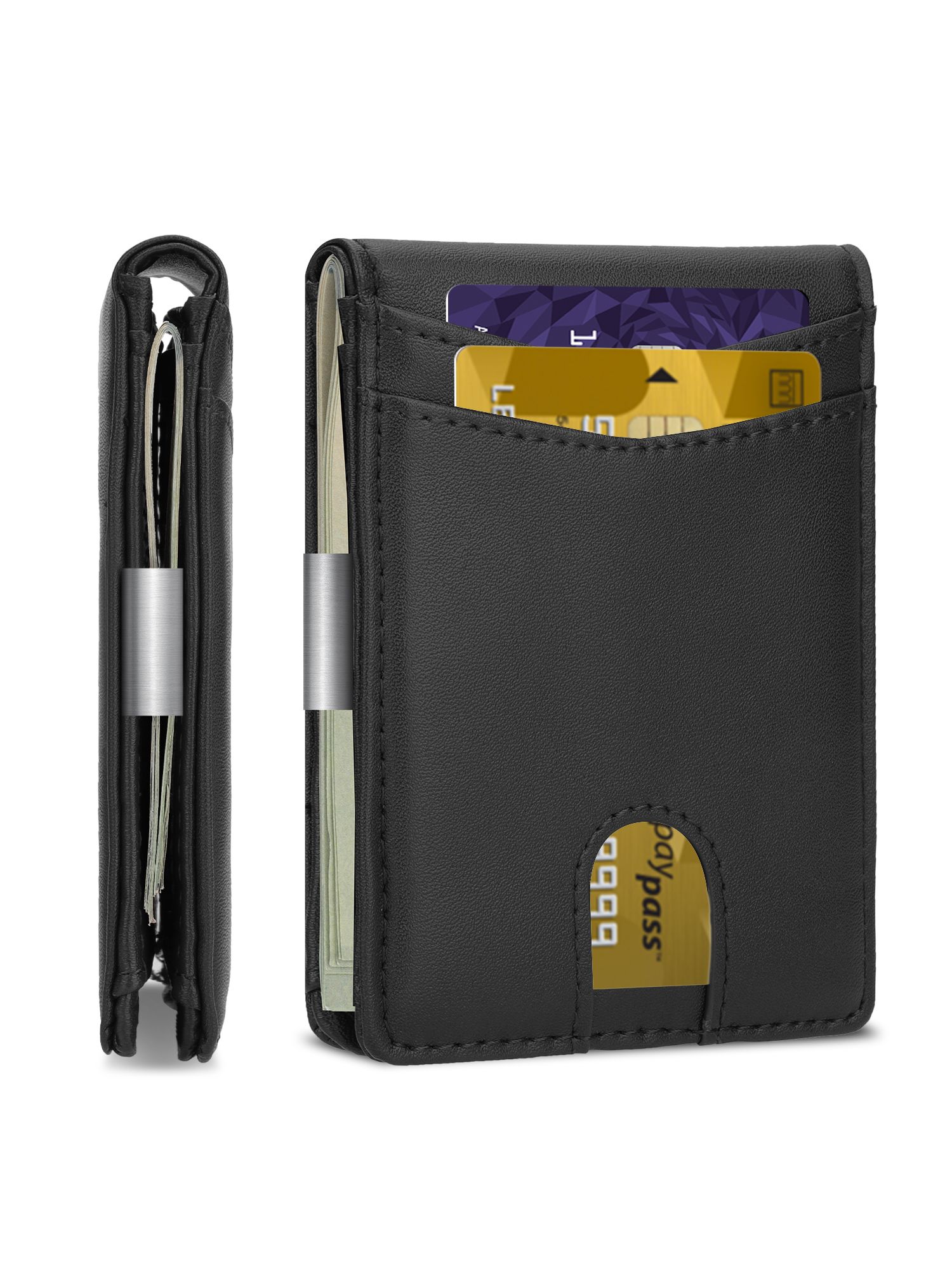 Carbon Fiber Minimalist Wallet for Men & Women, RFID Blocking Credit Card Holder Metal Wallets, Outside Notch Design 8 Card Pockets with Money Clip, Leather Bifold Slim Front Pocket for Travel