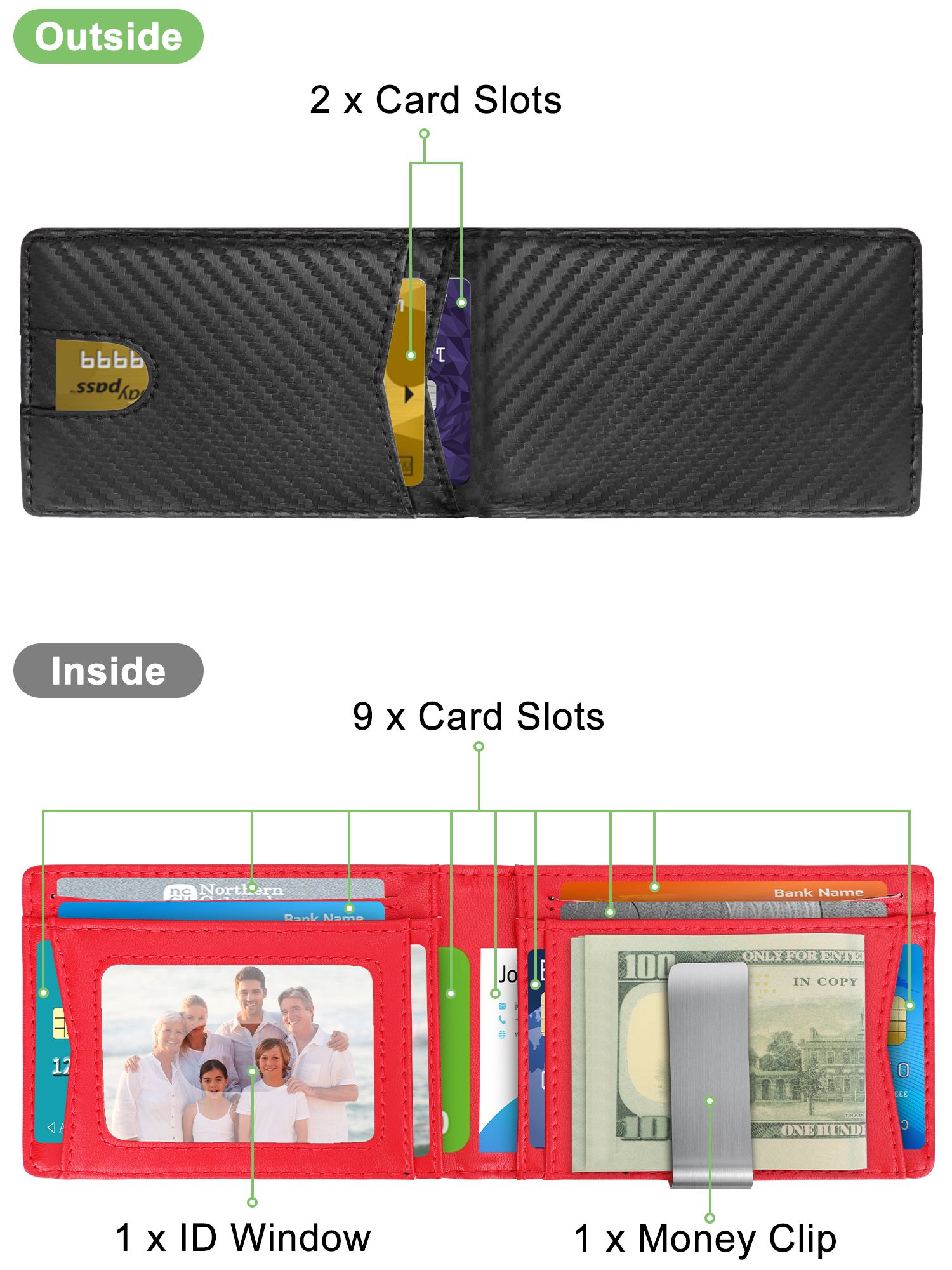 Carbon Fiber Minimalist Wallet for Men & Women, RFID Blocking Credit Card Holder Metal Wallets, Outside Notch Design 8 Card Pockets with Money Clip, Leather Bifold Slim Front Pocket for Travel