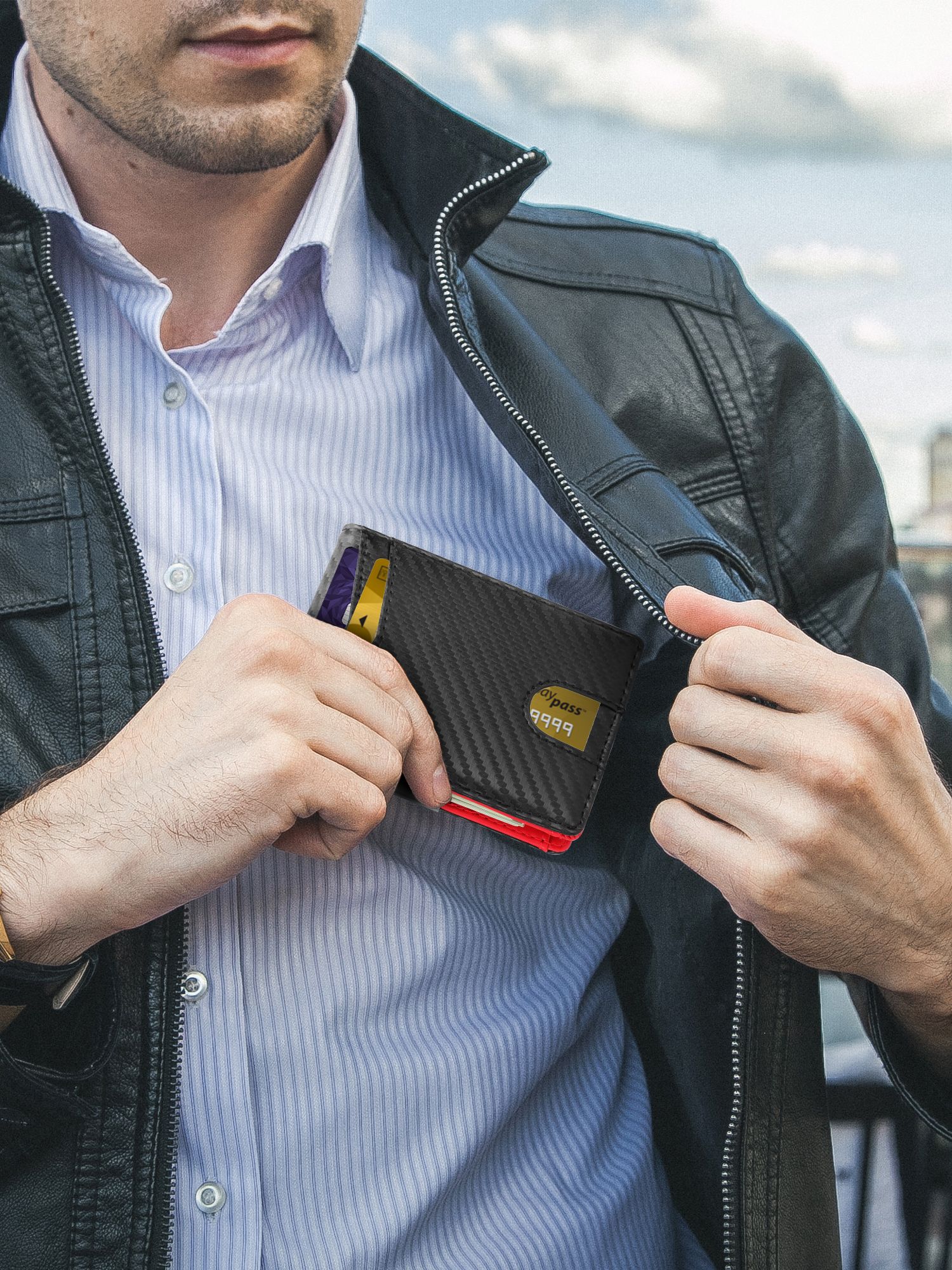 Carbon Fiber Minimalist Wallet for Men & Women, RFID Blocking Credit Card Holder Metal Wallets, Outside Notch Design 8 Card Pockets with Money Clip, Leather Bifold Slim Front Pocket for Travel