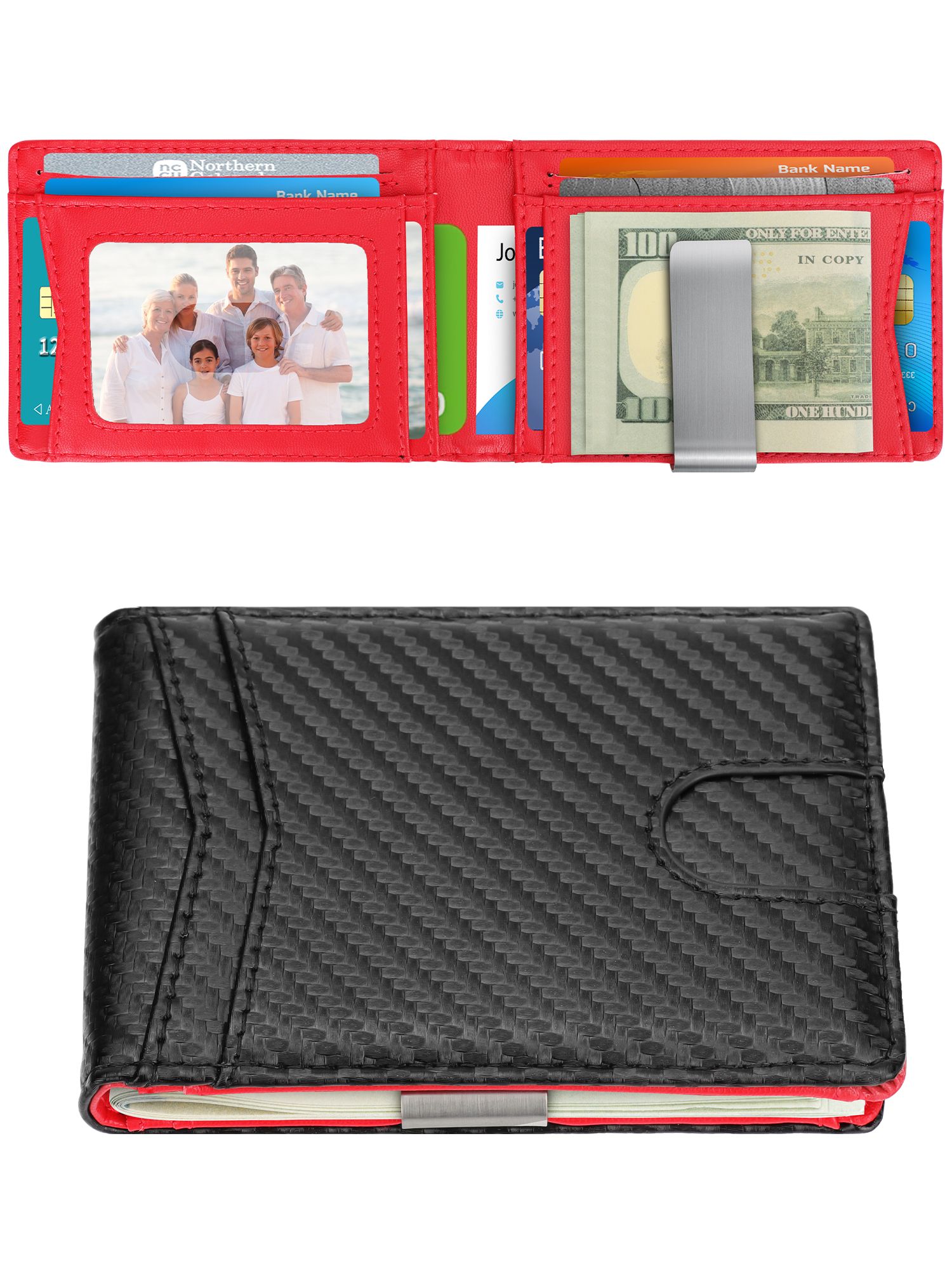 Carbon Fiber Minimalist Wallet for Men & Women, RFID Blocking Credit Card Holder Metal Wallets, Outside Notch Design 8 Card Pockets with Money Clip, Leather Bifold Slim Front Pocket for Travel