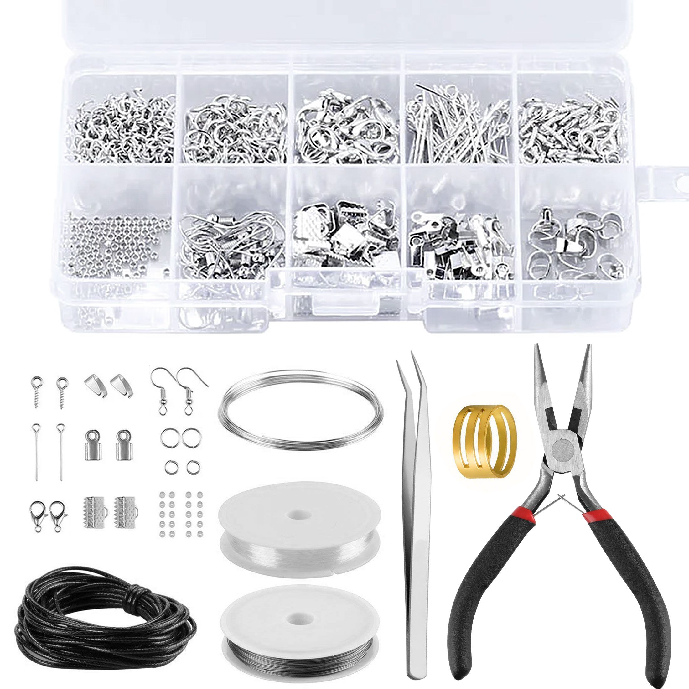 Jewelry Making Supplies, Jewelry Making Accessories Tool Kit Set Beading Wire Brass Ring Tweezer Pliers with Carrying Box for DIY Starter Beginner