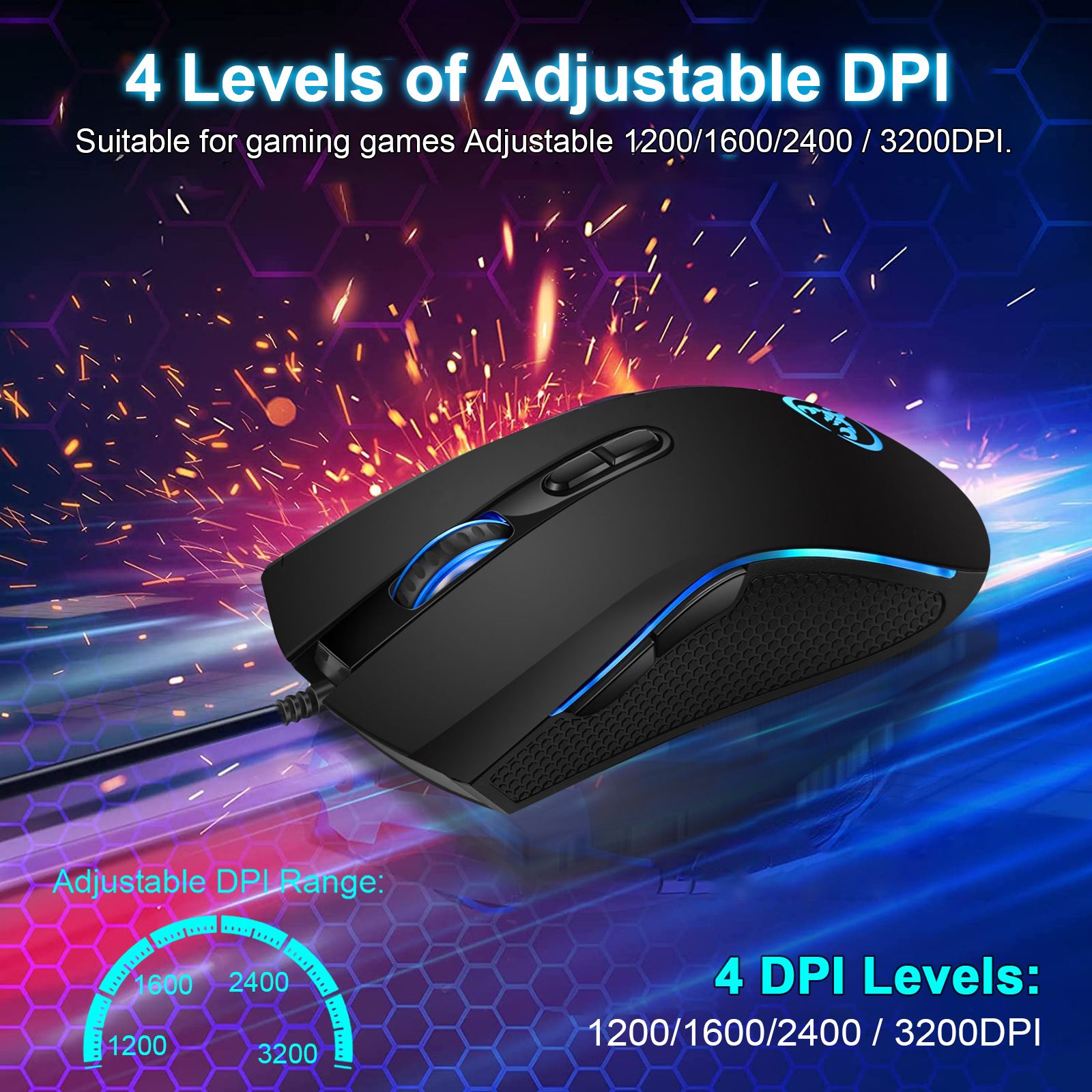 Gming Mouse Wired, USB Computer Mouse with 4 Adjustable DPI, RGB Backlit LED, Side Buttons, Ergonomic Optical Mice for PC, Laptop, Windows, Mac, Vista, Linux, Gamer