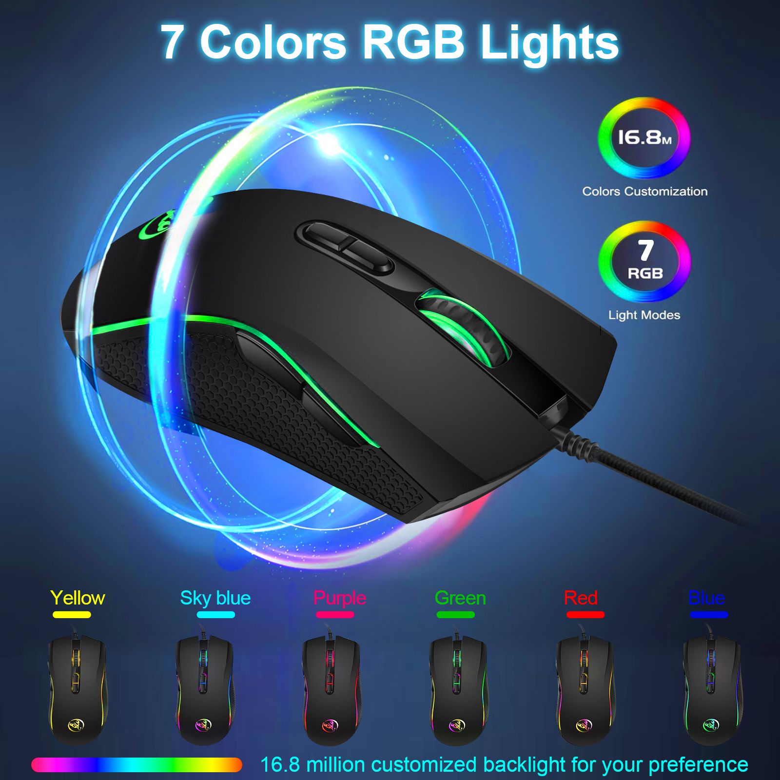 Gming Mouse Wired, USB Computer Mouse with 4 Adjustable DPI, RGB Backlit LED, Side Buttons, Ergonomic Optical Mice for PC, Laptop, Windows, Mac, Vista, Linux, Gamer