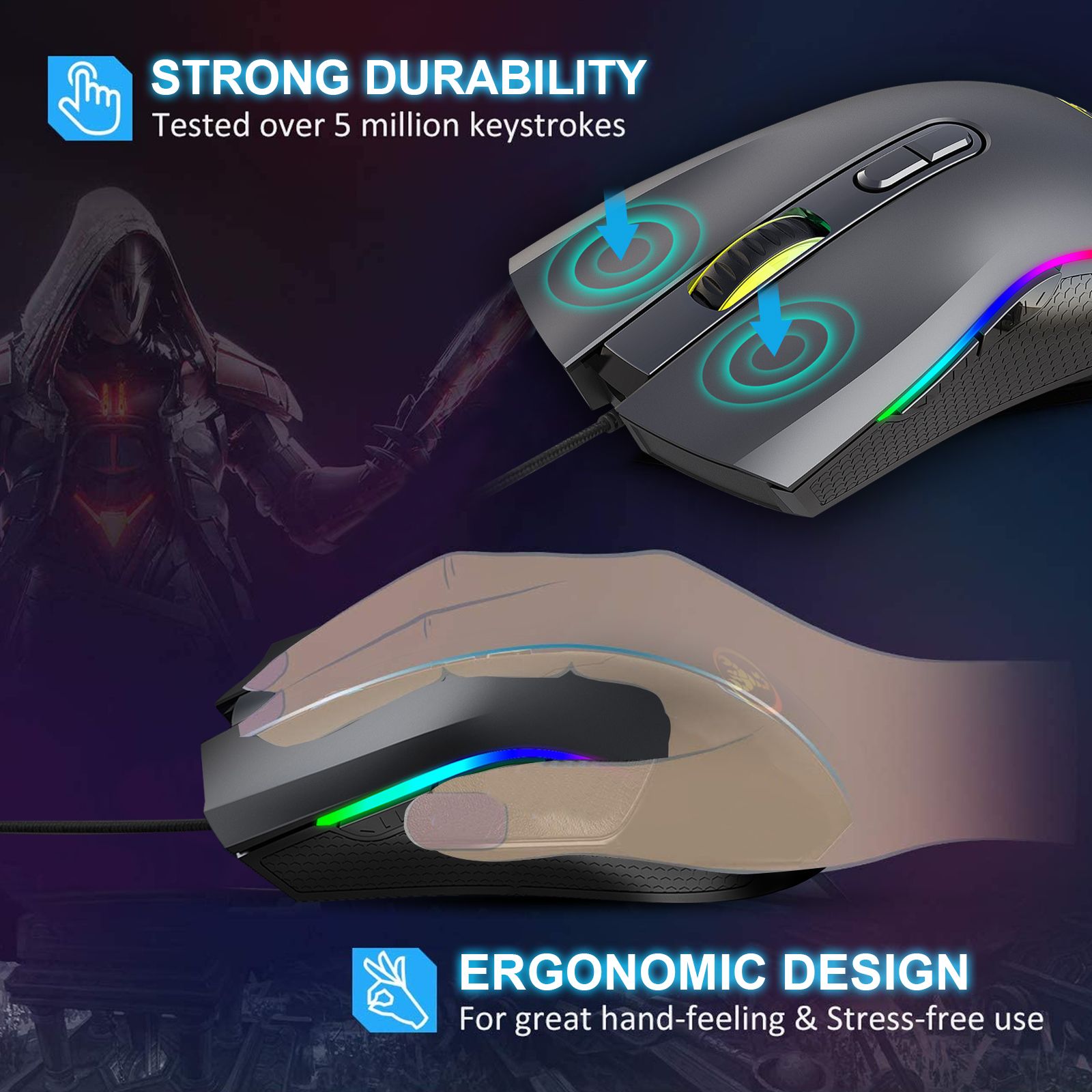 Gming Mouse Wired, USB Computer Mouse with 4 Adjustable DPI, RGB Backlit LED, Side Buttons, Ergonomic Optical Mice for PC, Laptop, Windows, Mac, Vista, Linux, Gamer