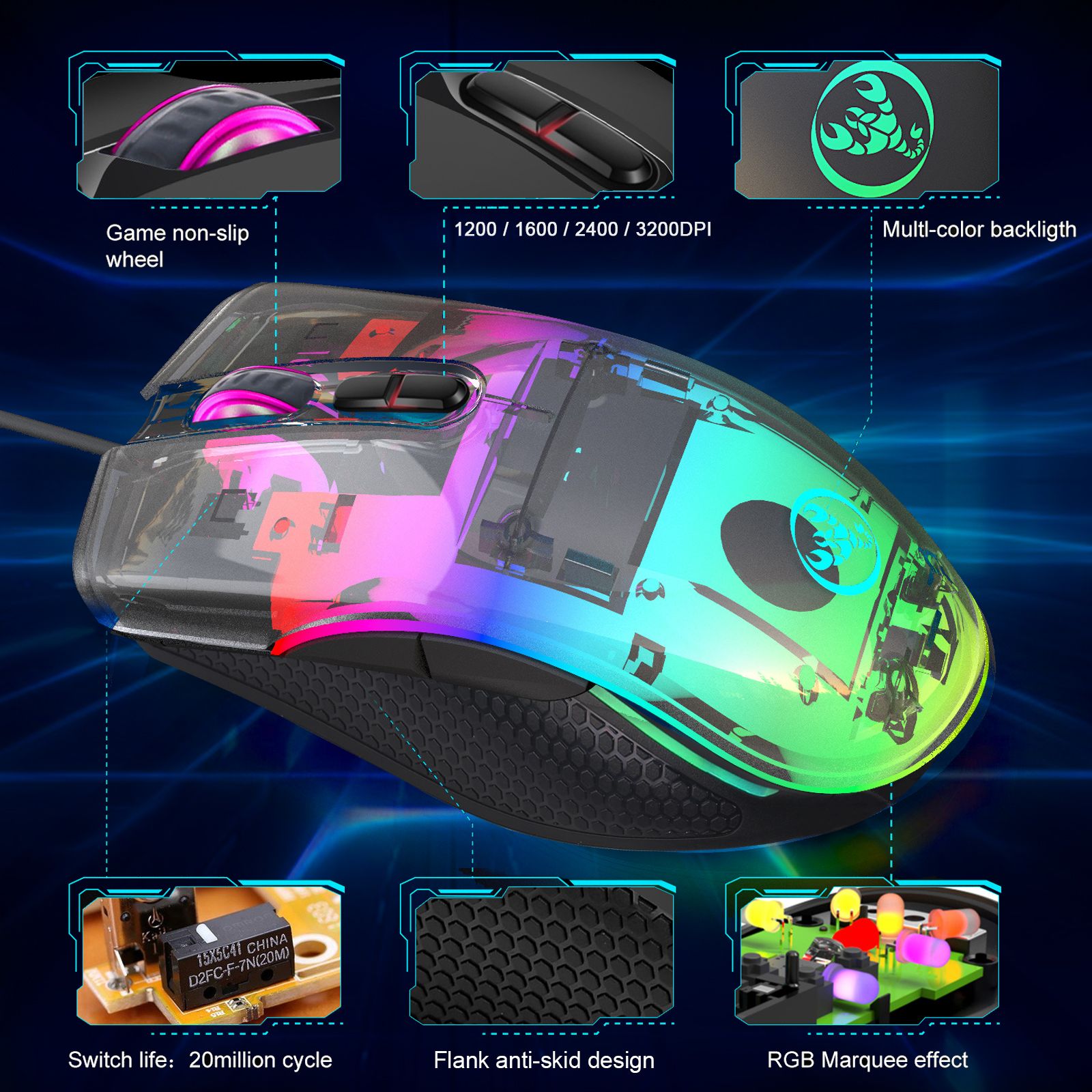Gming Mouse Wired, USB Computer Mouse with 4 Adjustable DPI, RGB Backlit LED, Side Buttons, Ergonomic Optical Mice for PC, Laptop, Windows, Mac, Vista, Linux, Gamer