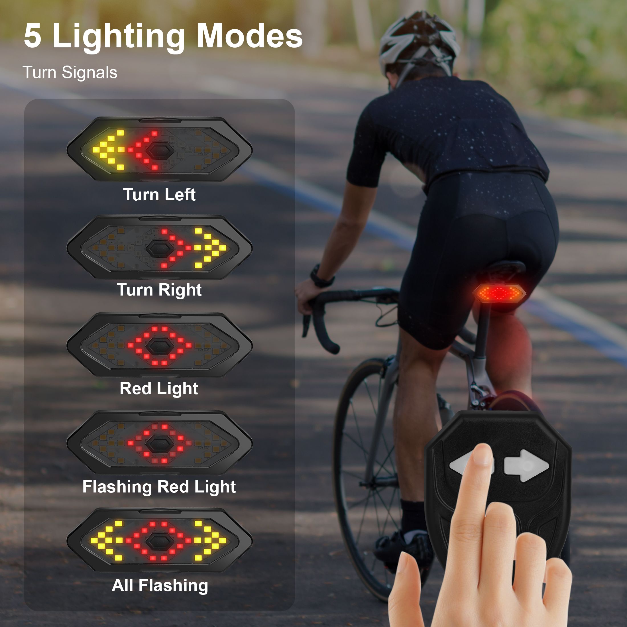 Bike Turn Signals Light, 100LM 5-in-1 Smart Bright Bike Rear Tail Lamp IPX2 USB Charge Waterproof Safety Cycle Night Light