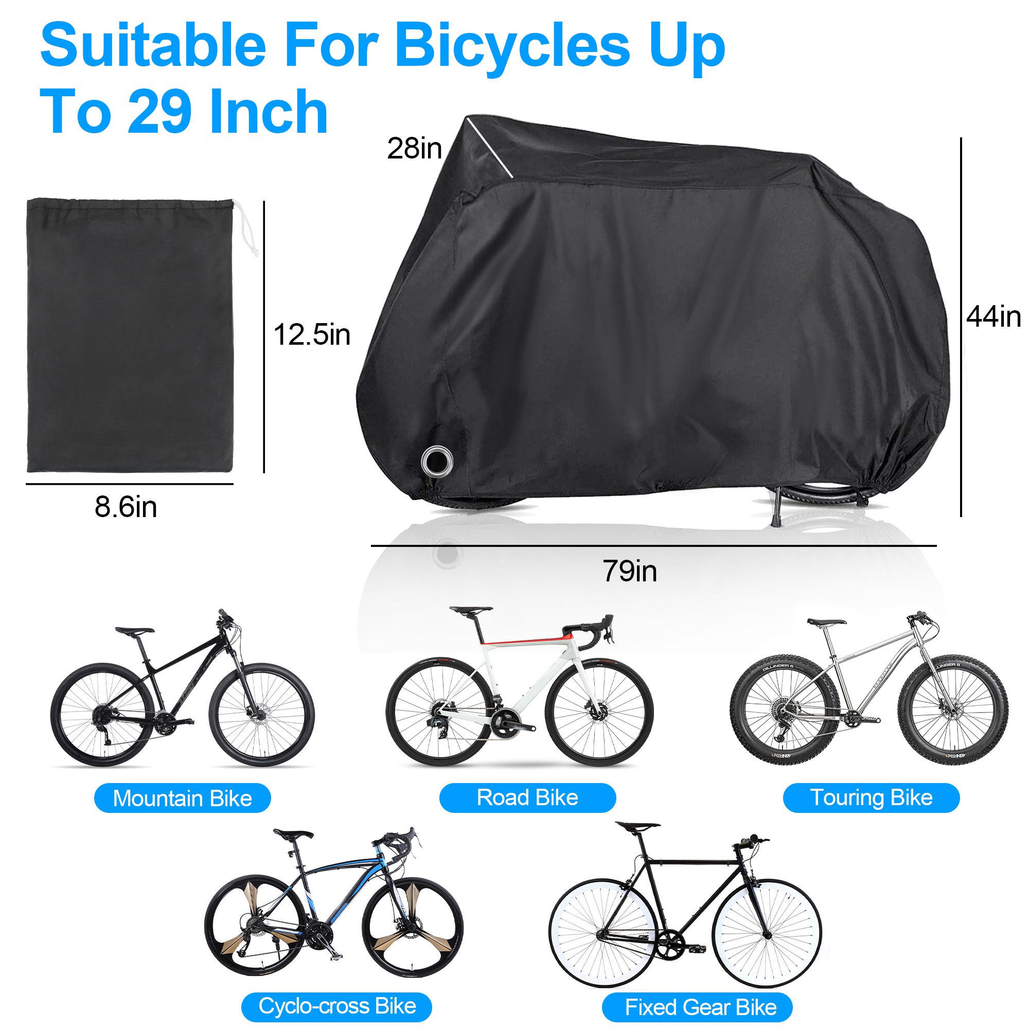 Large Bike Cover, 200x111x71cm Bicycle Covers Outdoor Waterproof with Lockhole for Mountain Bike, Black 79 x 44 x 28in