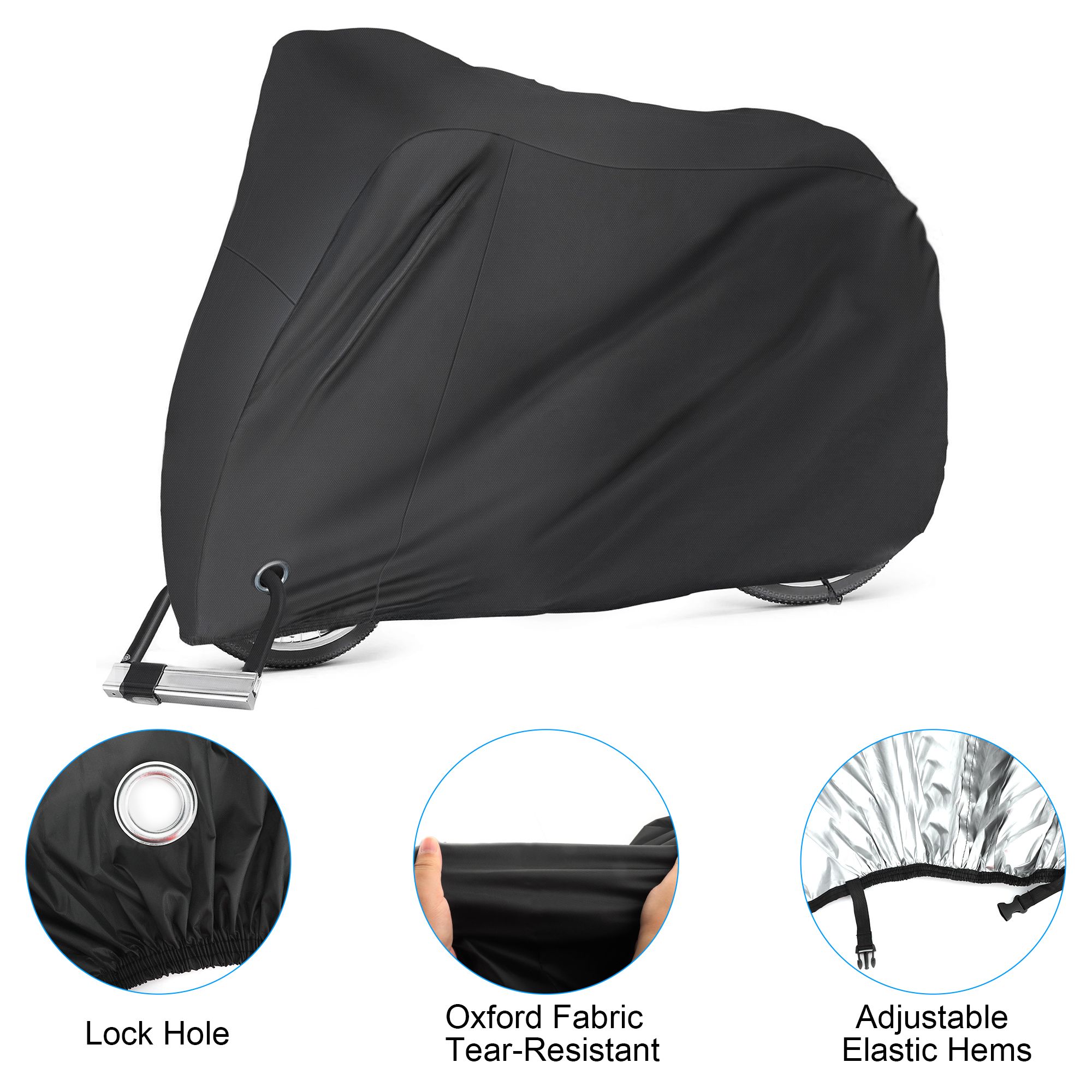 Large Bike Cover, 200x111x71cm Bicycle Covers Outdoor Waterproof with Lockhole for Mountain Bike, Black 79 x 44 x 28in