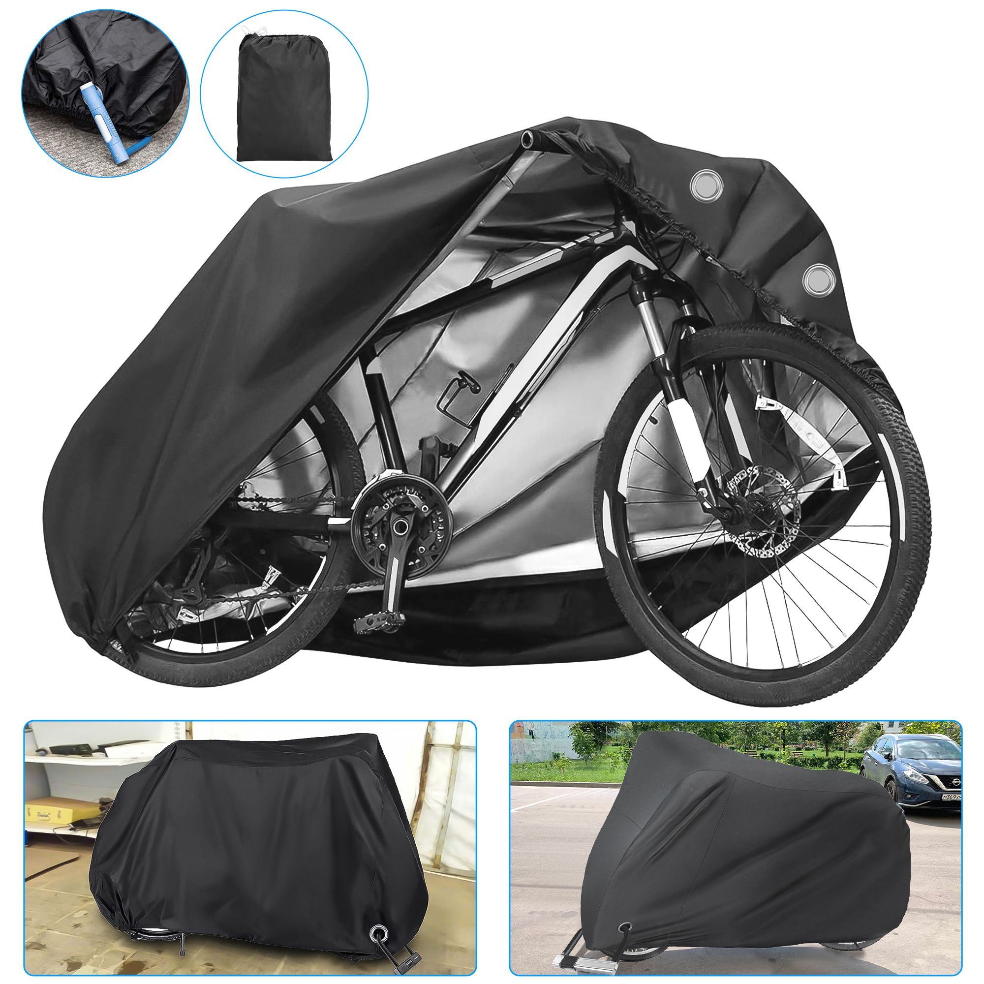 Large Bike Cover, 200x111x71cm Bicycle Covers Outdoor Waterproof with Lockhole for Mountain Bike, Black 79 x 44 x 28in