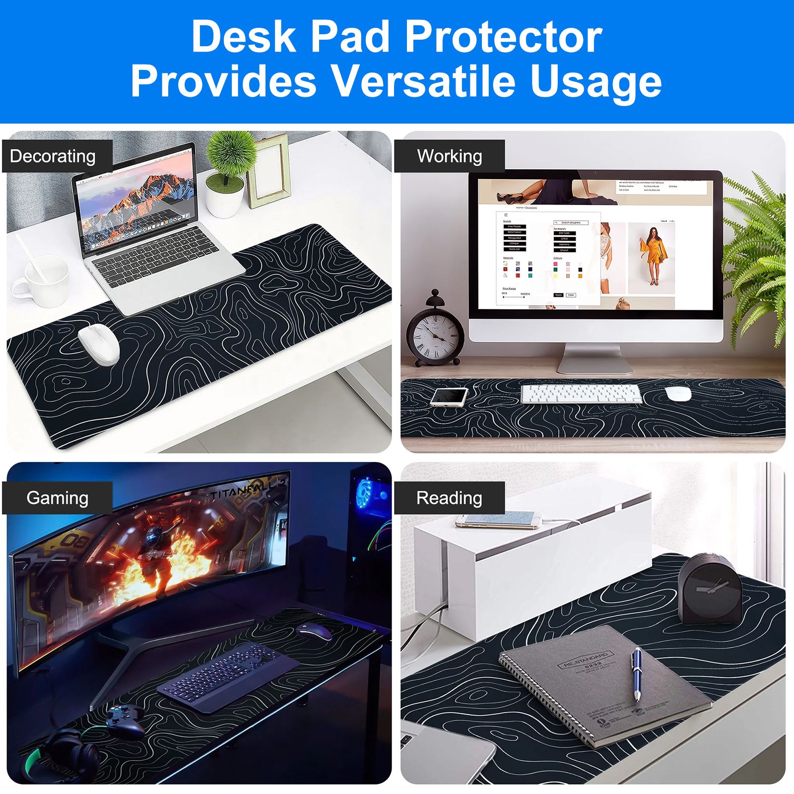 Large Mouse Pad Mat (80 x 30CM), Extended Gaming Mousepad Background Topographic Map Desk Pad for Laptop Computer