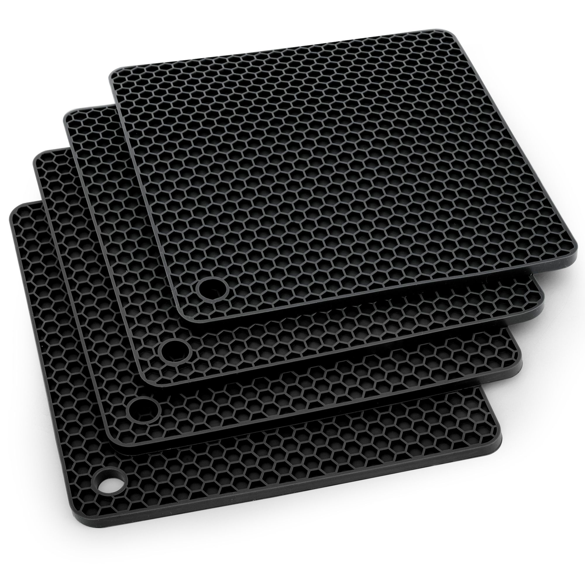 4pcs Silicone Pot Holders, Heat Resistant Trivets, Hot Pads for Kitchen, 17.8 x 17.8CM, Square, Black
