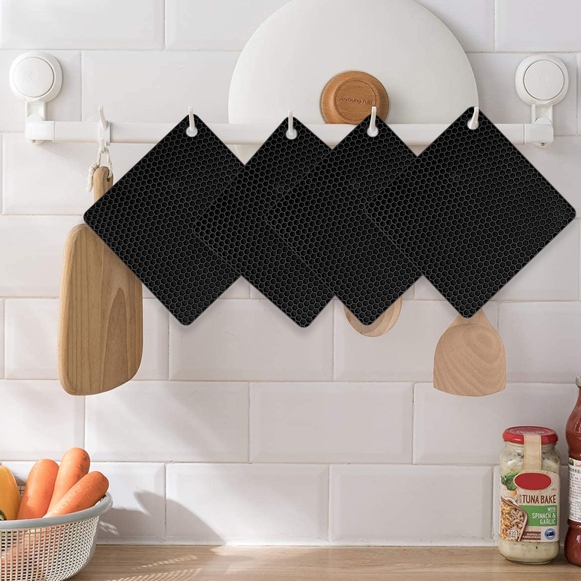 4pcs Silicone Pot Holders, Heat Resistant Trivets, Hot Pads for Kitchen, 17.8 x 17.8CM, Square, Black
