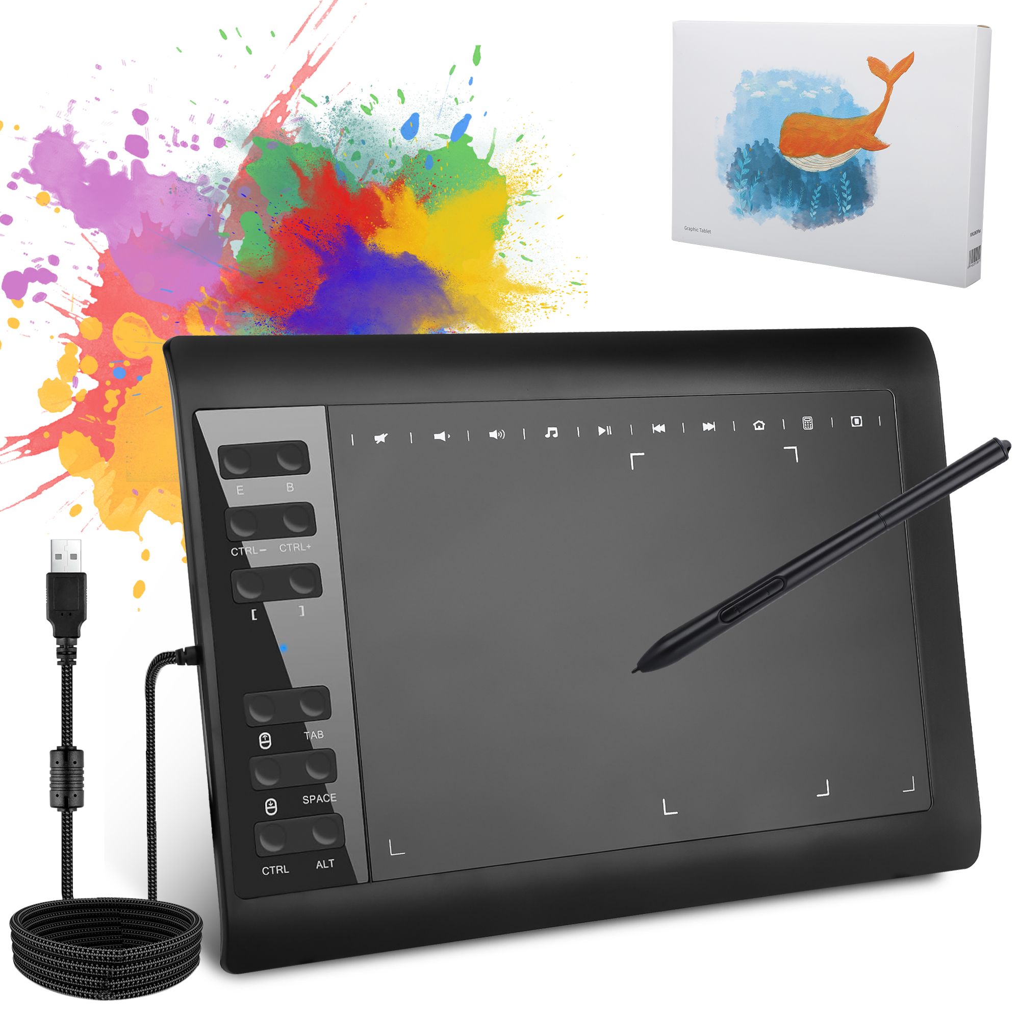 Graphics Drawing Tablet, 25 x 15CM Graphic Art Tablet with 8192 Levels Battery-Free Pen & 12 Hot Keys for PC Phone, Gift for Painting, Design & Online Teaching