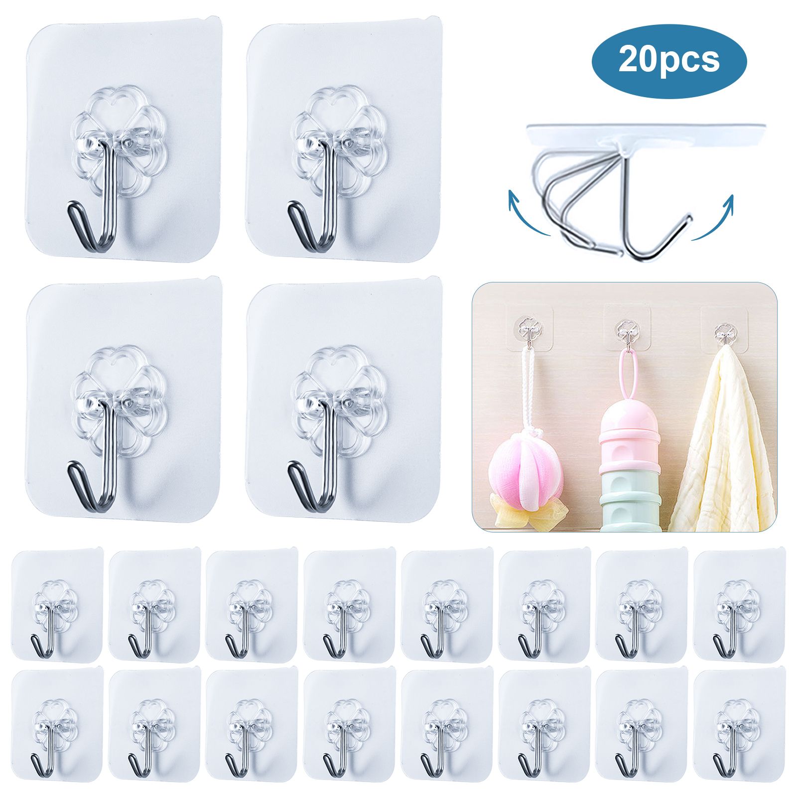 20/10pcs Self-Adhesive Wall Hooks Heavy Duty Reusable Hangers, 6x6cm, Transparent0-Pack