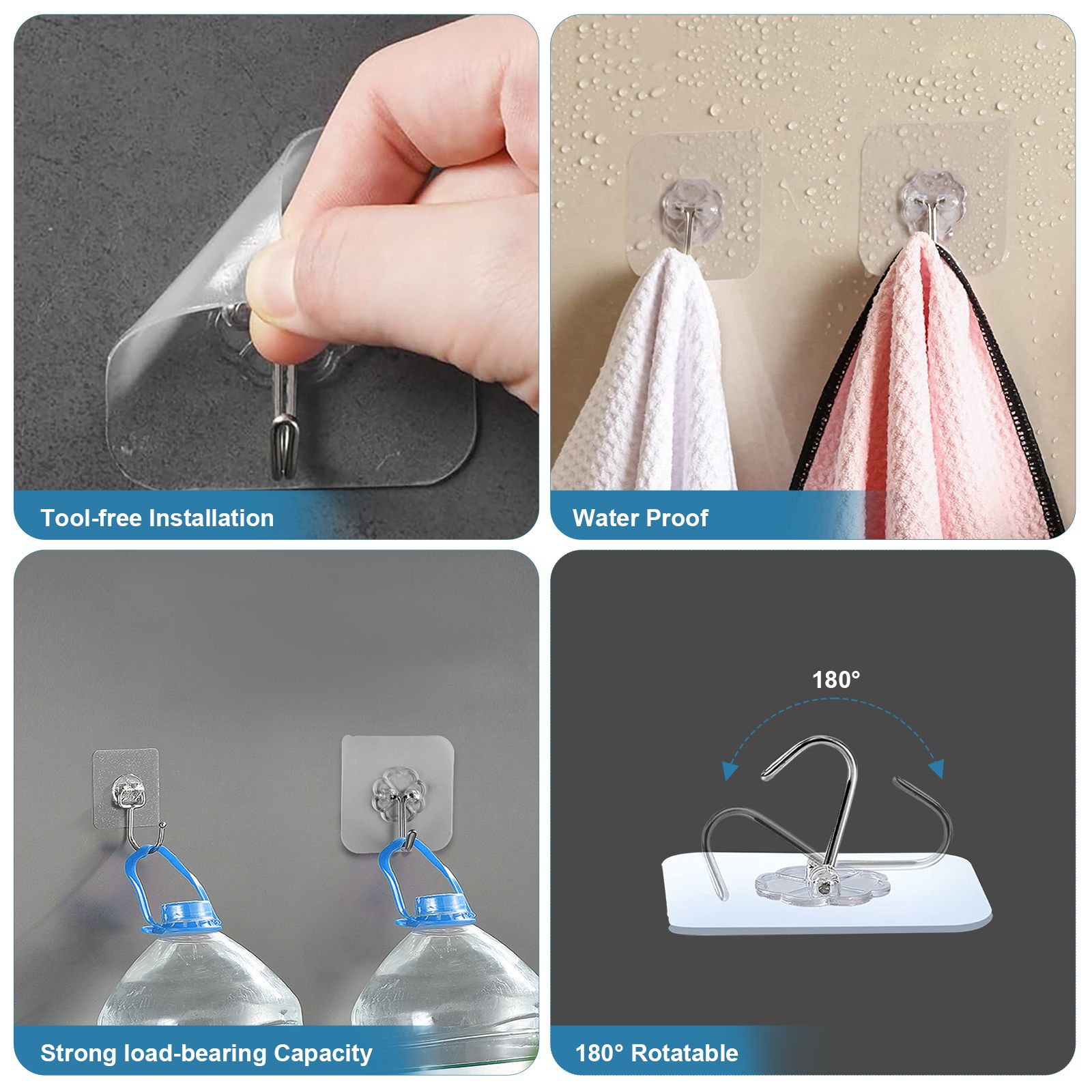 20/10pcs Self-Adhesive Wall Hooks Heavy Duty Reusable Hangers, 6x6cm, Transparent0-Pack