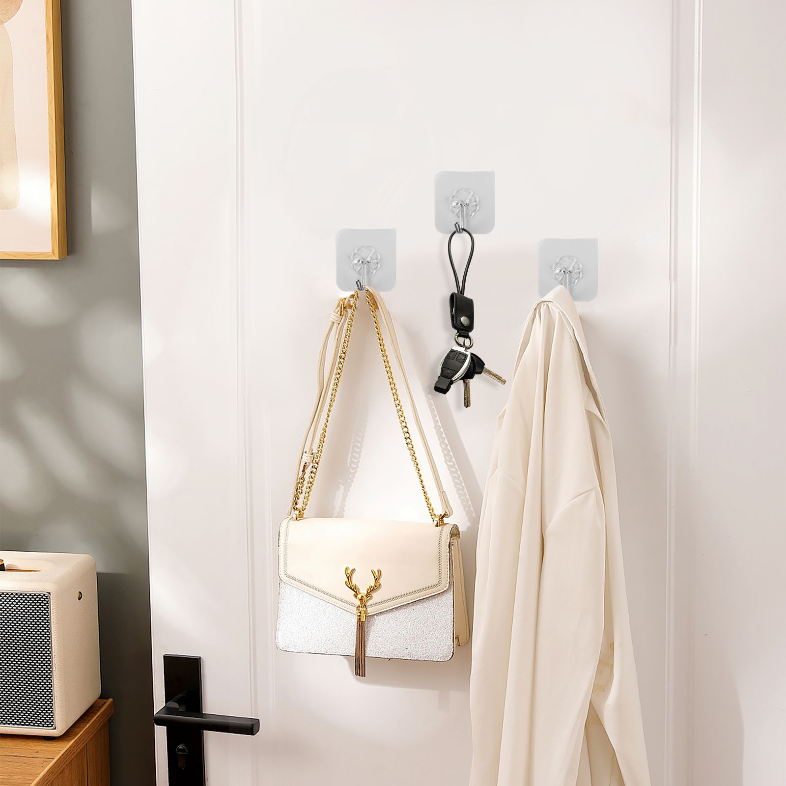 20/10pcs Self-Adhesive Wall Hooks Heavy Duty Reusable Hangers, 6x6cm, Transparent0-Pack