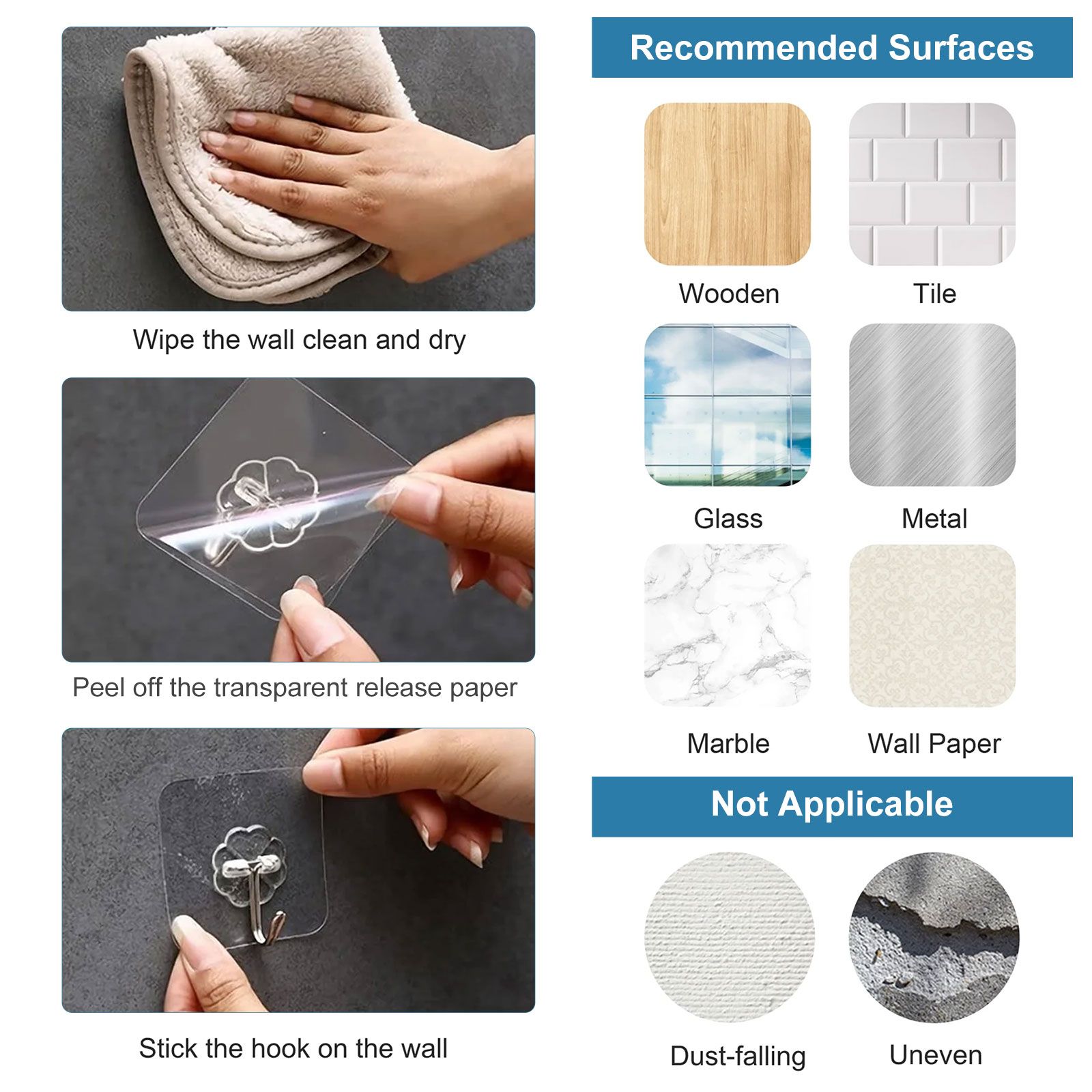 20/10pcs Self-Adhesive Wall Hooks Heavy Duty Reusable Hangers, 6x6cm, Transparent0-Pack