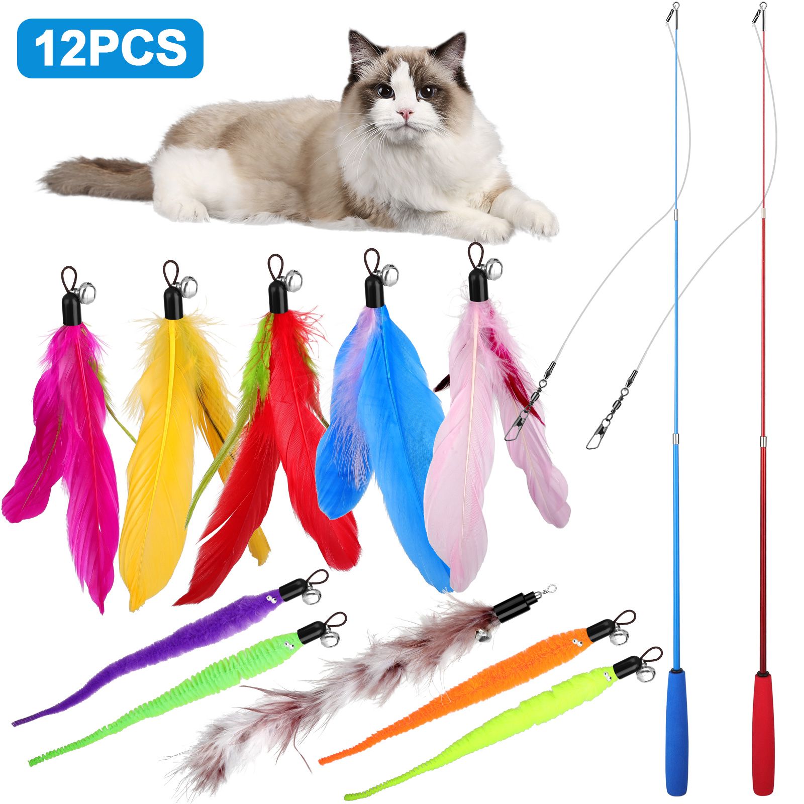 12pcs Cat Wand Toys, 2pcs Retractable Cat Wand Toy + 10pcs Cat Feather for Indoor Cats and Kittens