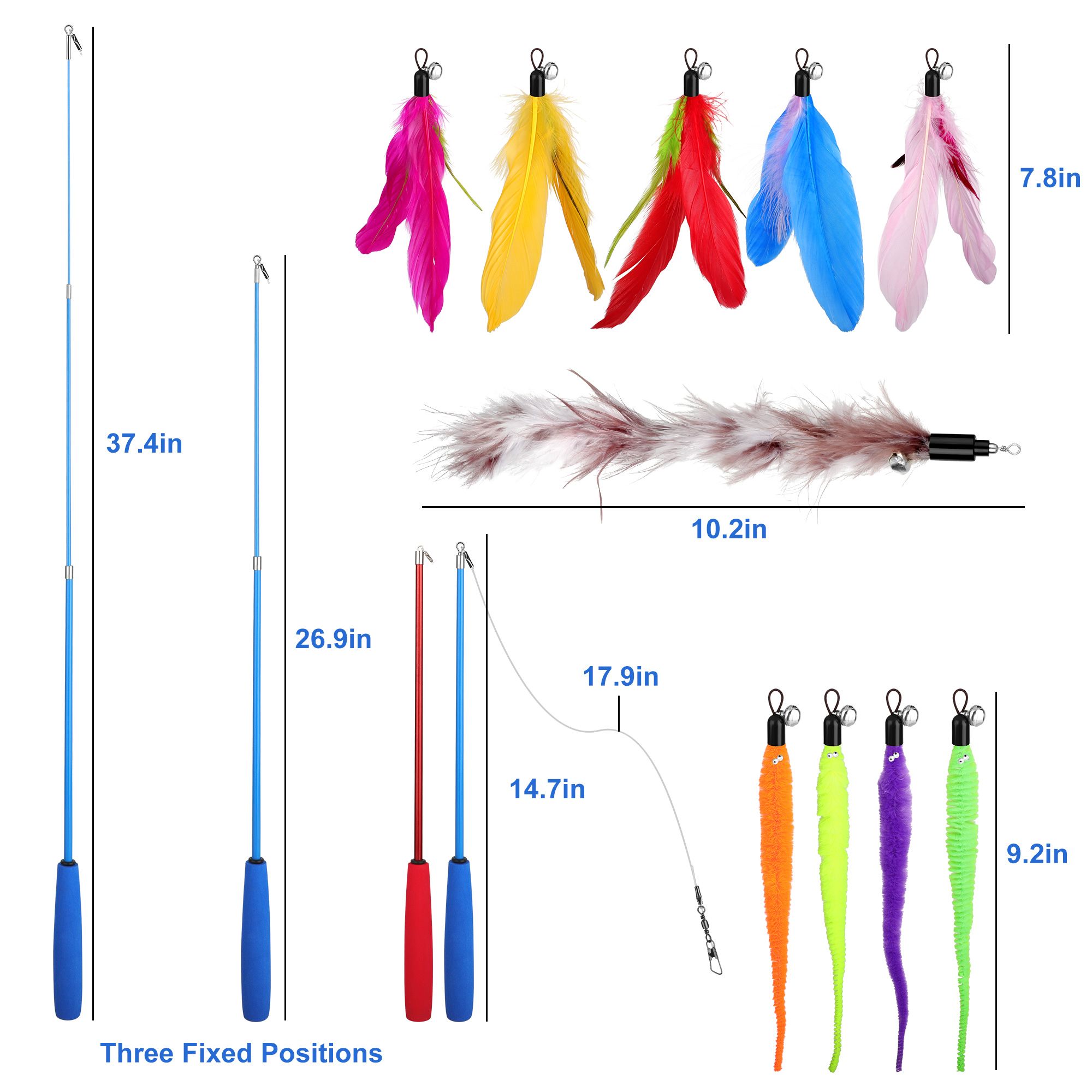 12pcs Cat Wand Toys, 2pcs Retractable Cat Wand Toy + 10pcs Cat Feather for Indoor Cats and Kittens