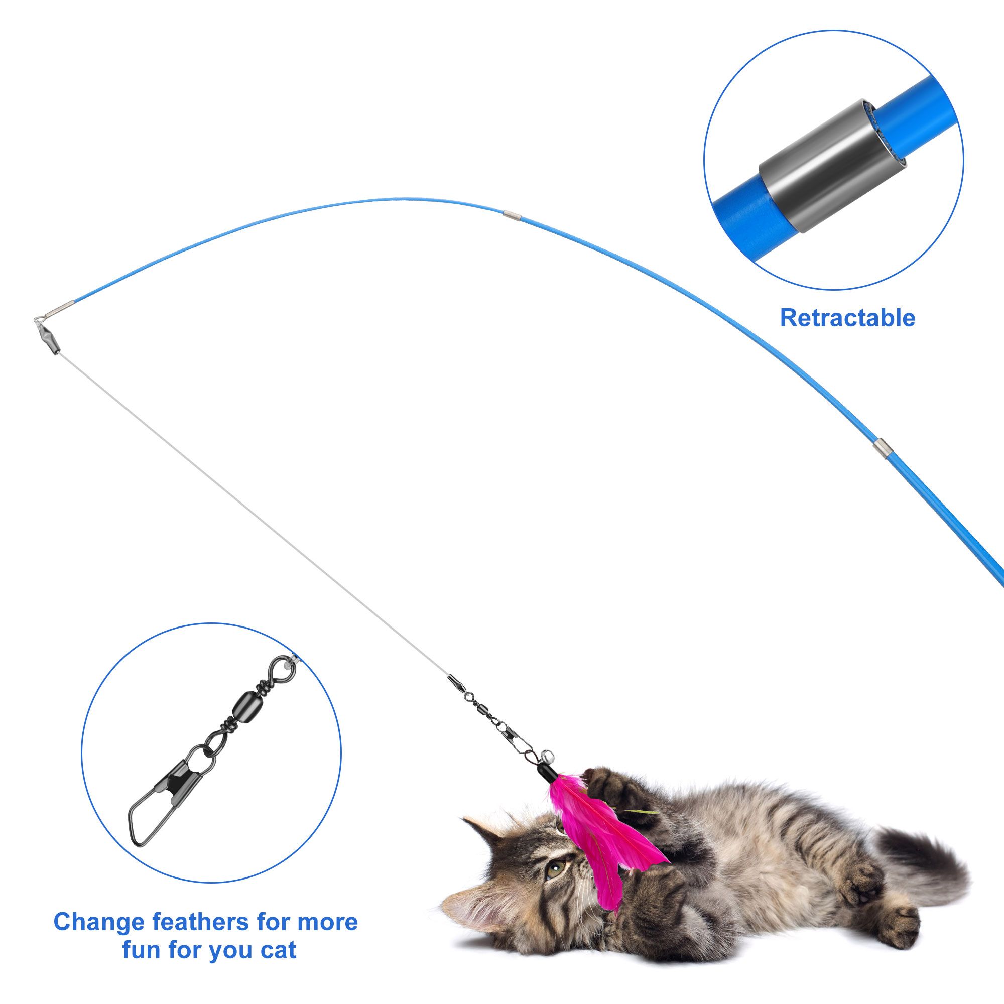 12pcs Cat Wand Toys, 2pcs Retractable Cat Wand Toy + 10pcs Cat Feather for Indoor Cats and Kittens